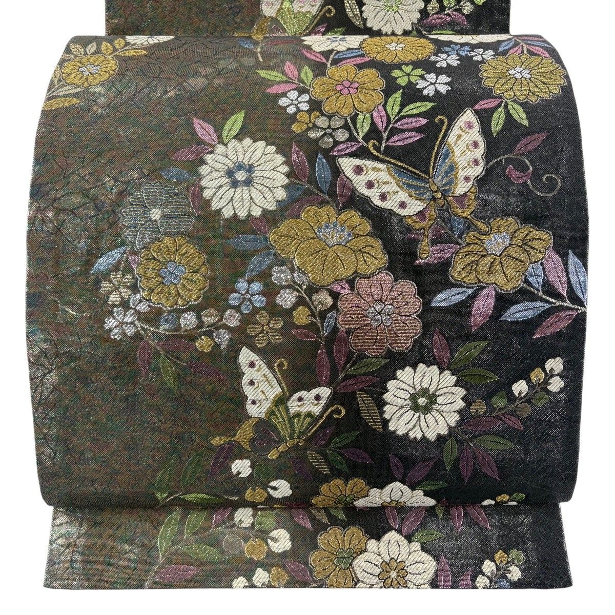 【美品】 袋帯 秀品 草花 蝶 箔 墨色 六通 正絹 【中古】
