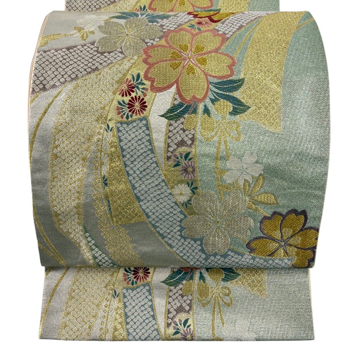 【美品】 袋帯 秀品 桜 熨斗 箔 唐織 薄緑 六通 正絹 【中古】