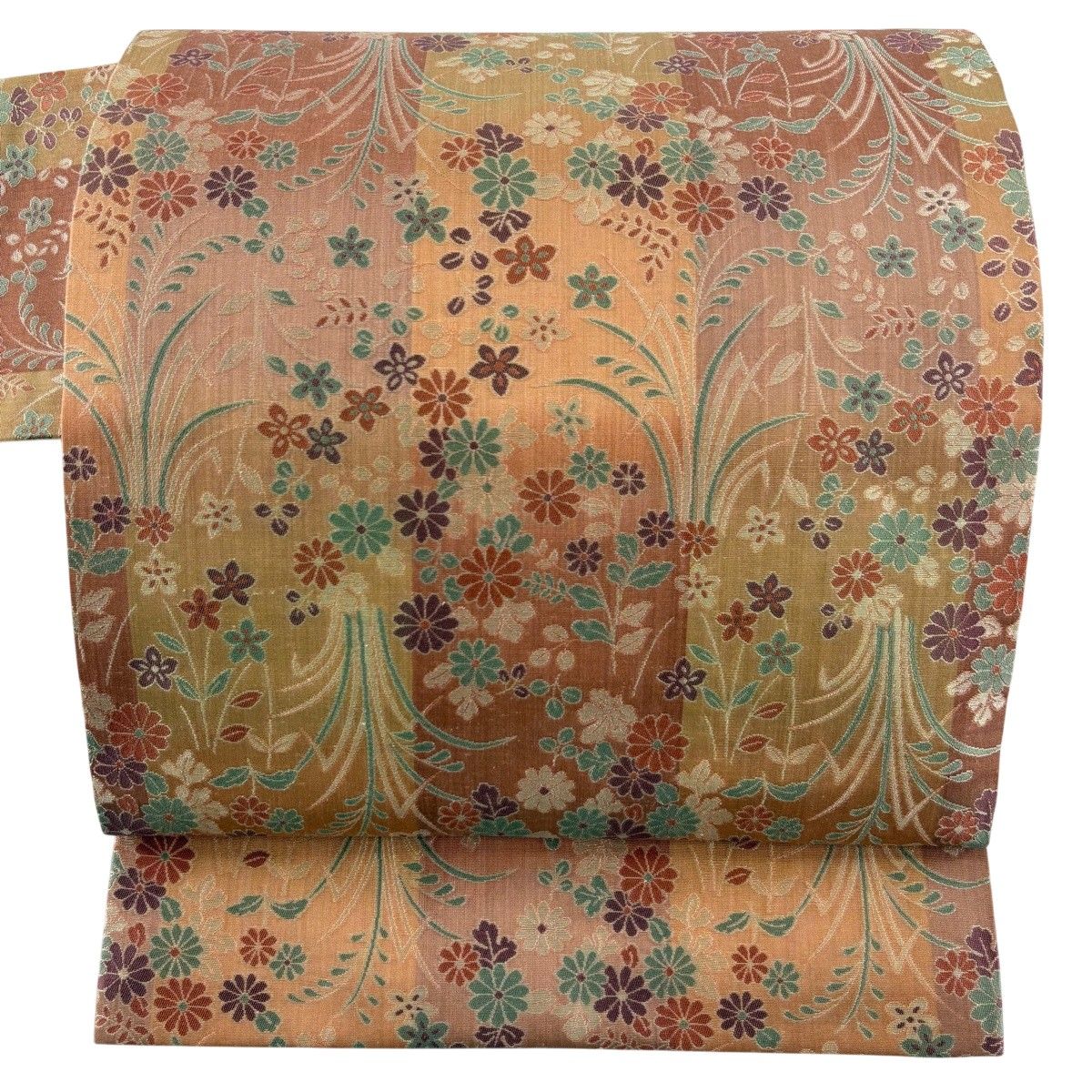 【美品】 名古屋帯 秀品 紬地 秋草 菊 薄オレンジ 正絹 【中古】