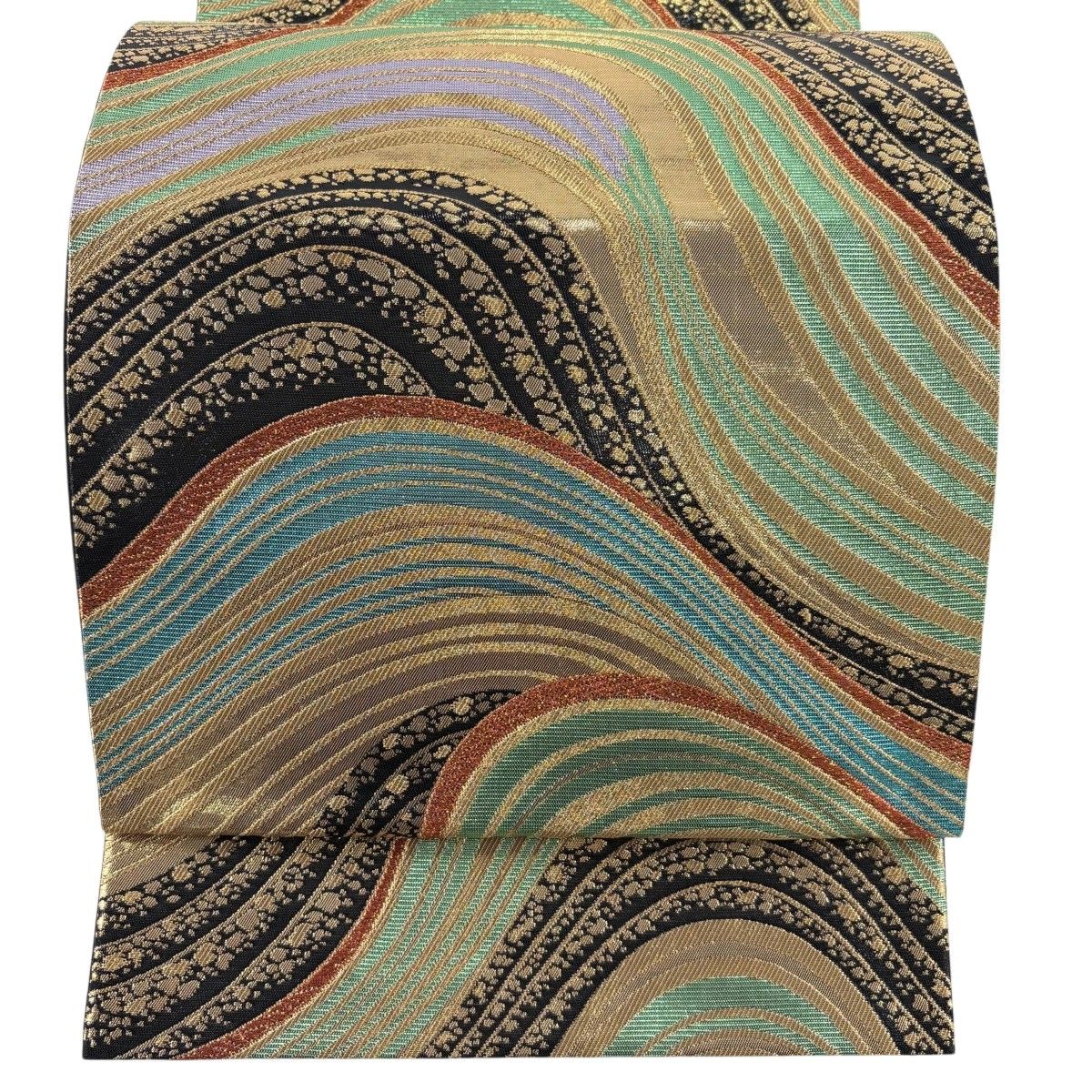 【美品】 袋帯 秀品 波 幾何学模様 箔 金糸 黒 六通 正絹 【中古】