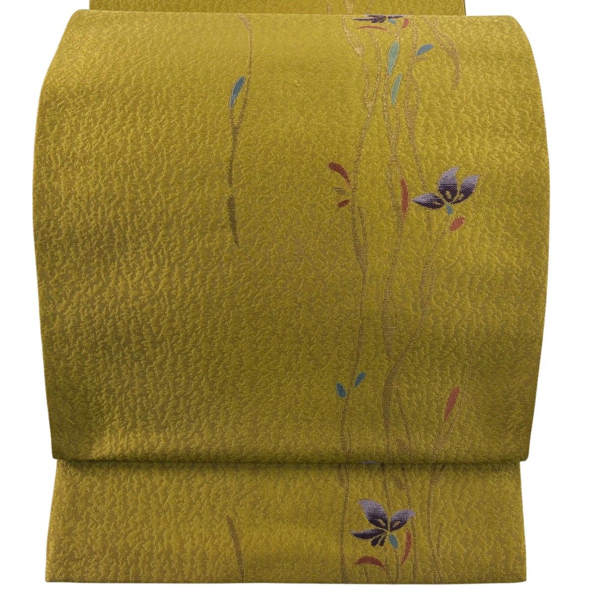 【美品】 袋帯 秀品 草花 幾何学模様 箔 からし色 六通 正絹 【中古】