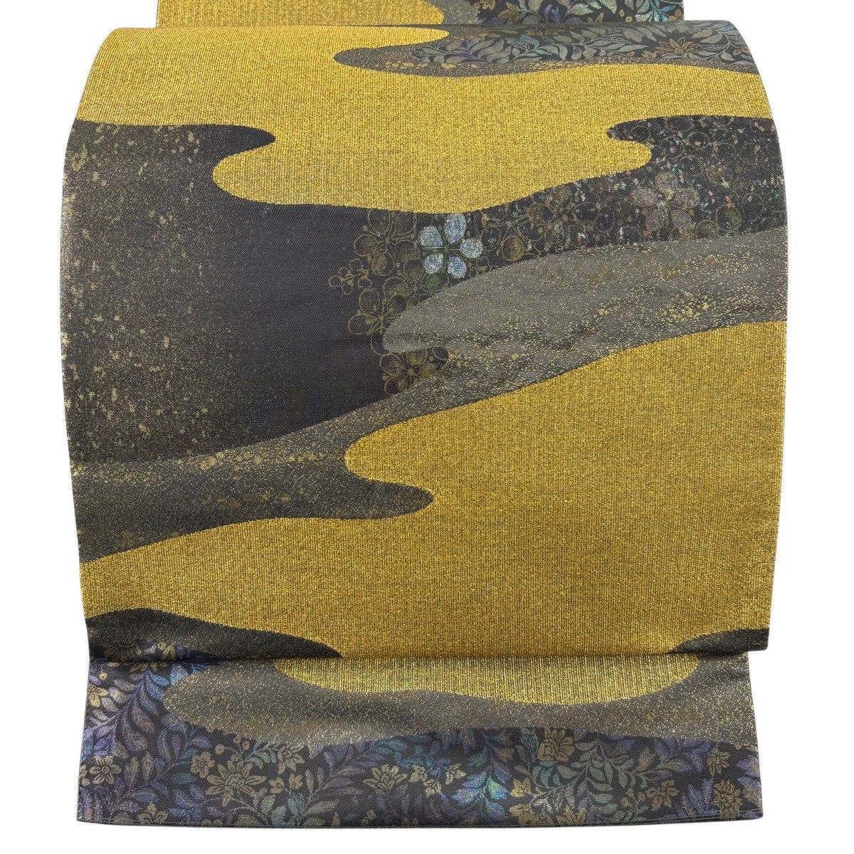 【美品】 袋帯 秀品 草花 霞 箔 灰色 六通 正絹 【中古】