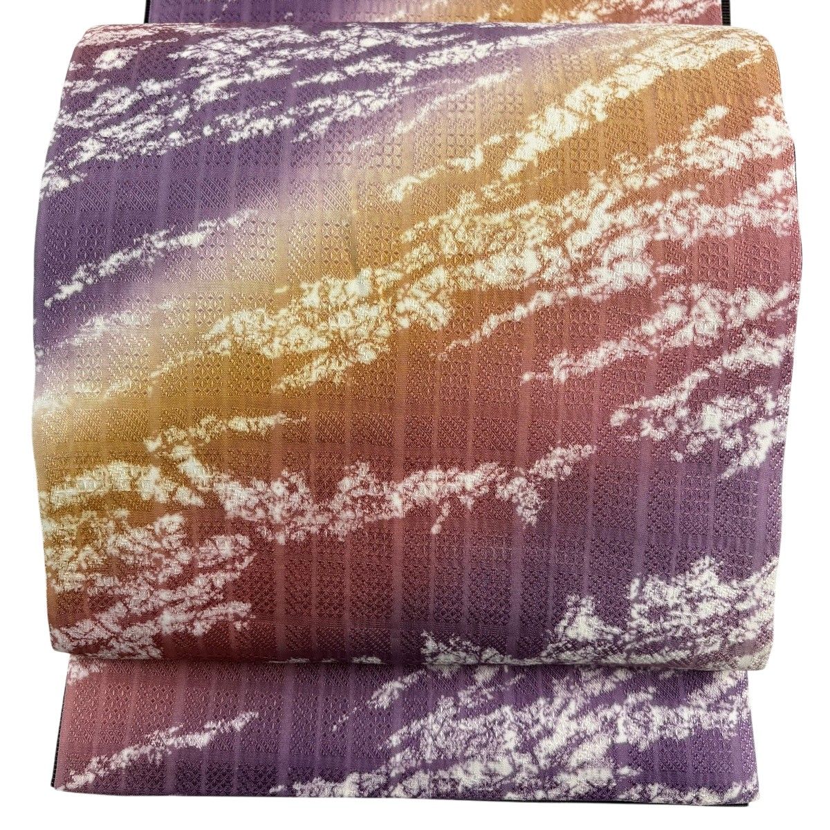 【美品】 袋帯 秀品 落款 霞 幾何学模様 ぼかし 赤紫 全通 正絹 【中古】