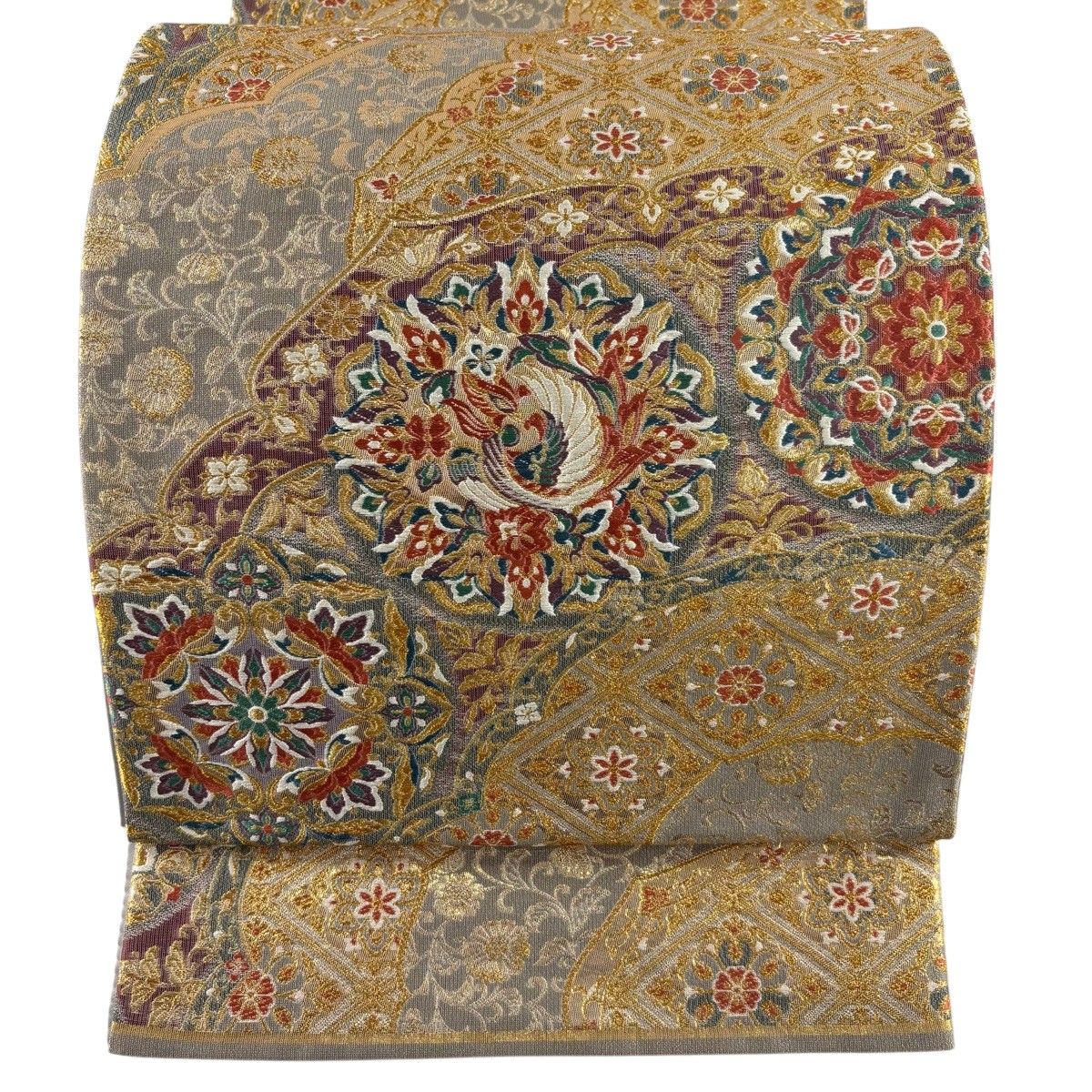 【美品】 袋帯 秀品 鳳凰 華文 本金箔 金糸 灰色 六通 正絹 【中古】