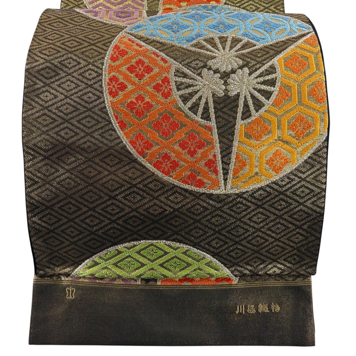 【美品】 袋帯 秀品 川島織物 落款 三つ扇 有職文様 銀糸 箔 金色 六通 正絹 【中古】
