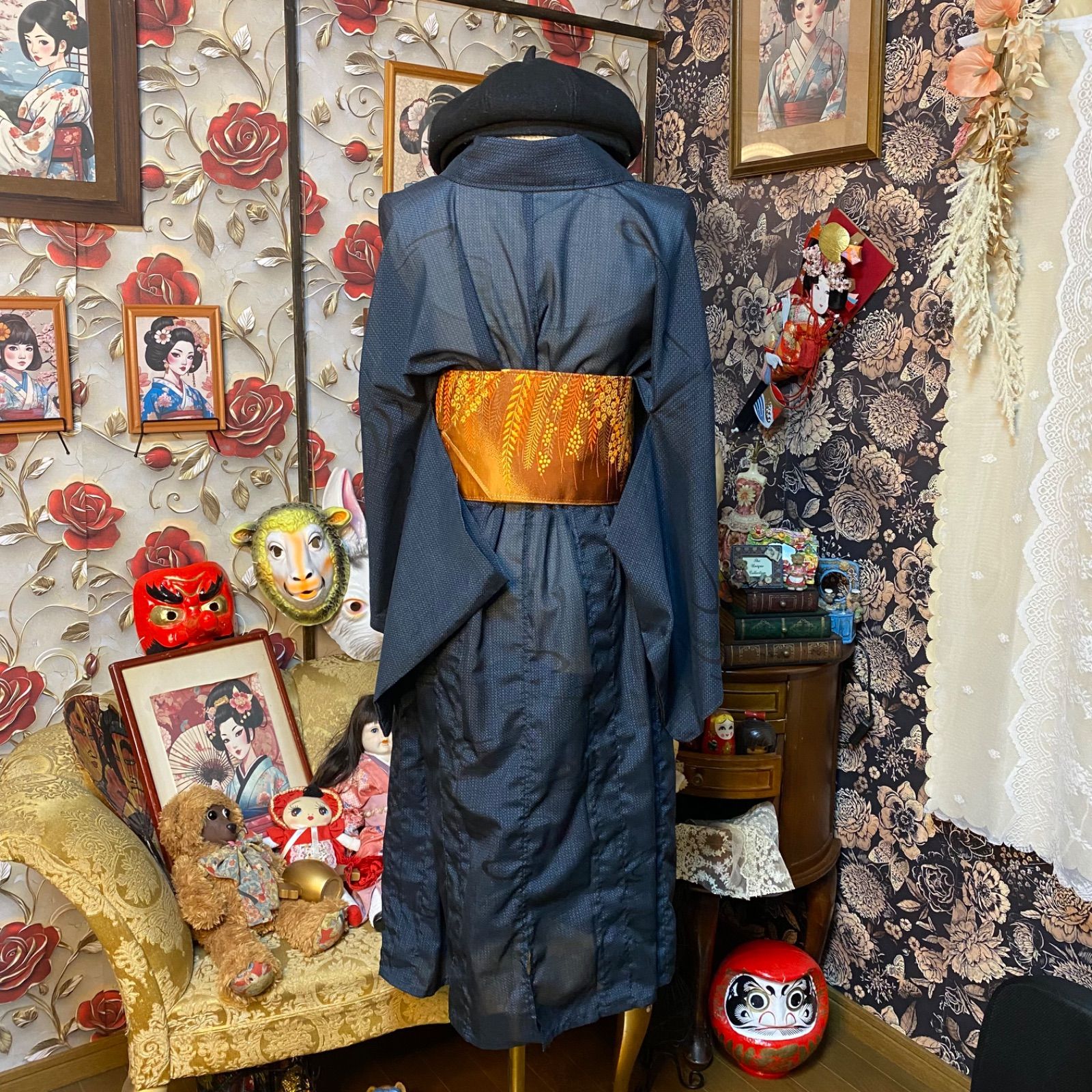 夏着物リメイク ワンピース／ドレス／洗える化繊 帯サッシュベルト