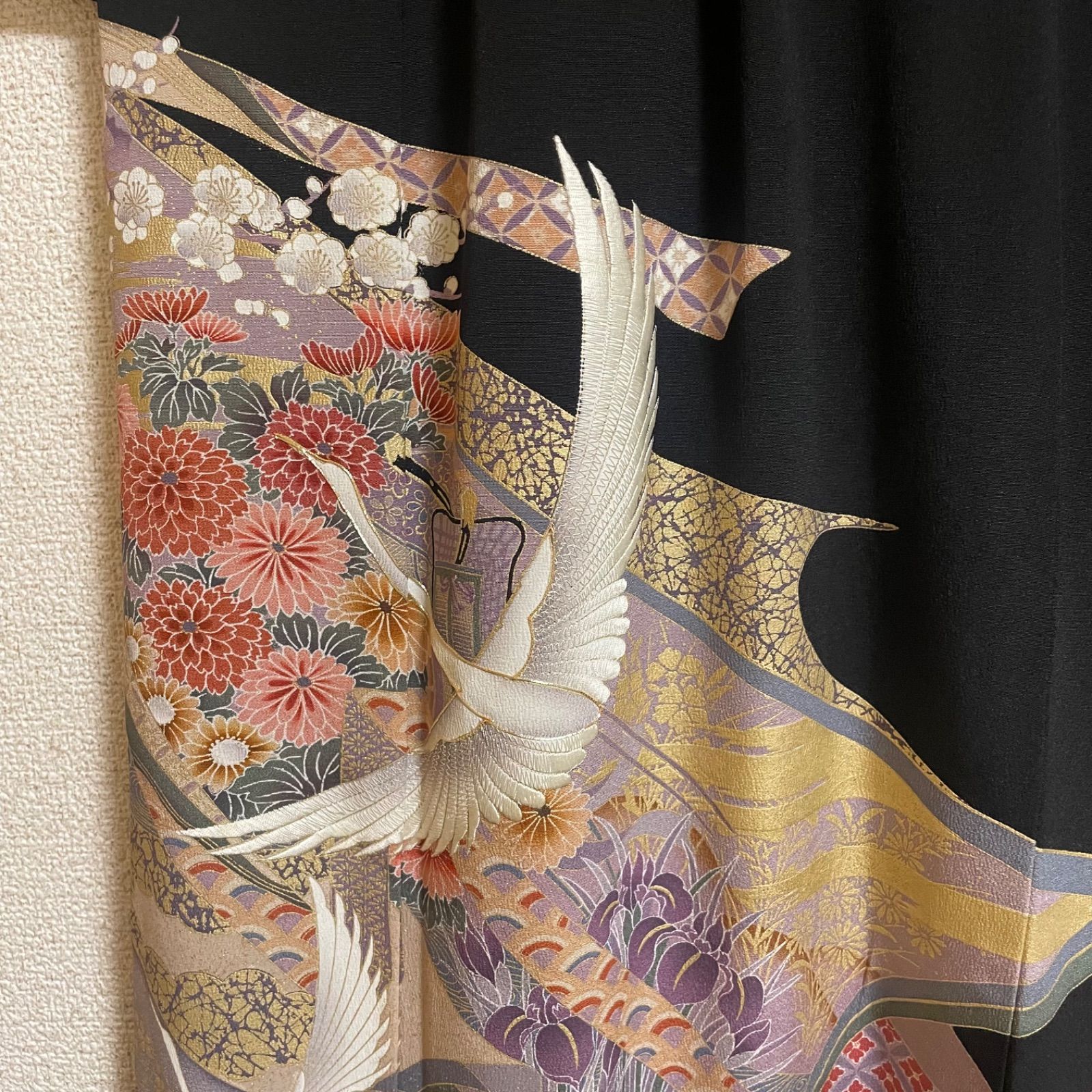 一点物 着物リメイク ロングワンピース ドレス 黒留袖 正絹 飛鶴花文 