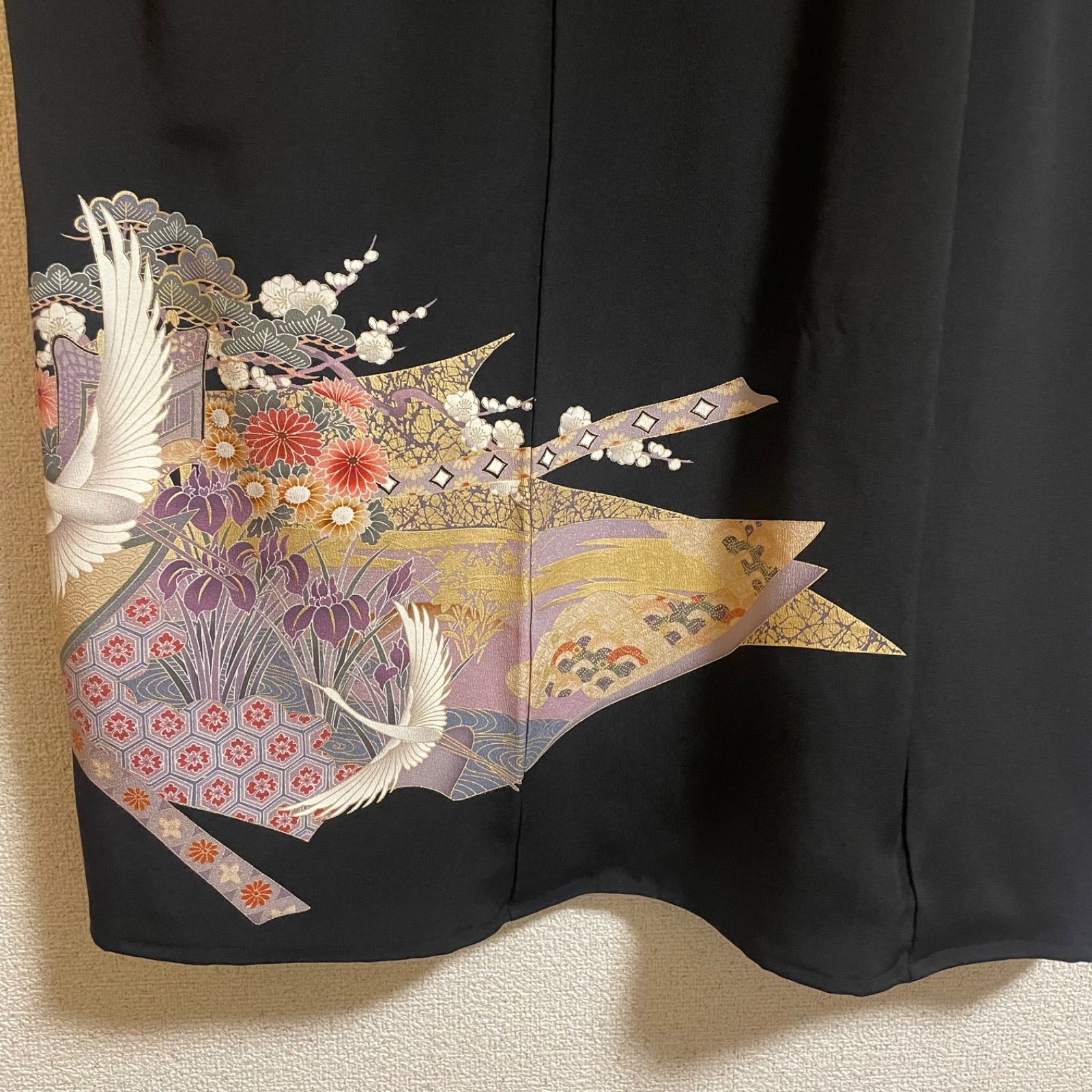 一点物 着物リメイク ロングワンピース ドレス 黒留袖 正絹 飛鶴花文