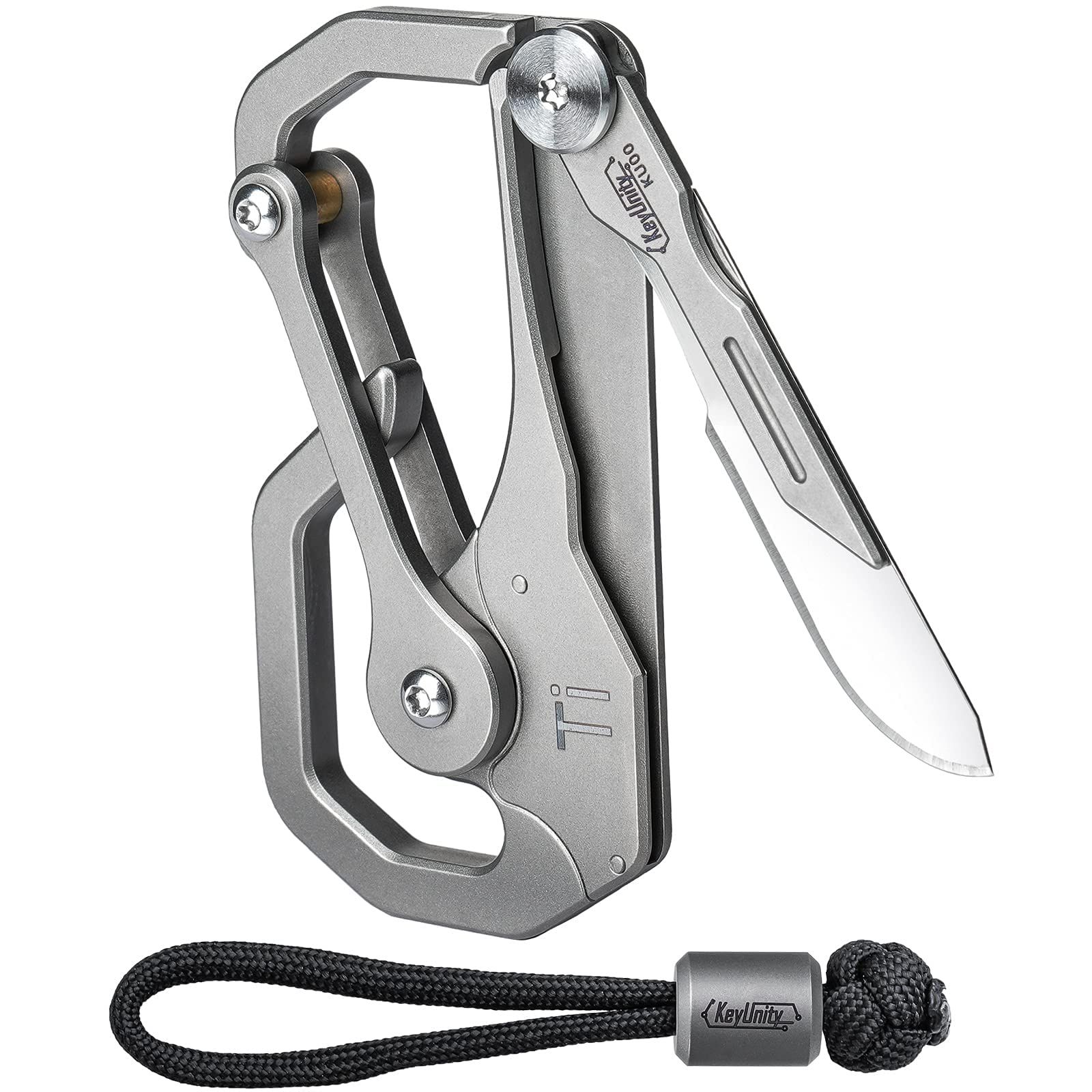 KeyUnity カラビナ チタン ストラップ付 KU00 マルチツール 【刃替え可能の小型ナイフ付き・5cm定規 】多機能 軽量 オシャレ EDCツールキーホルダー 頑丈 強耐久性 錆びにくい 家 アウトドア