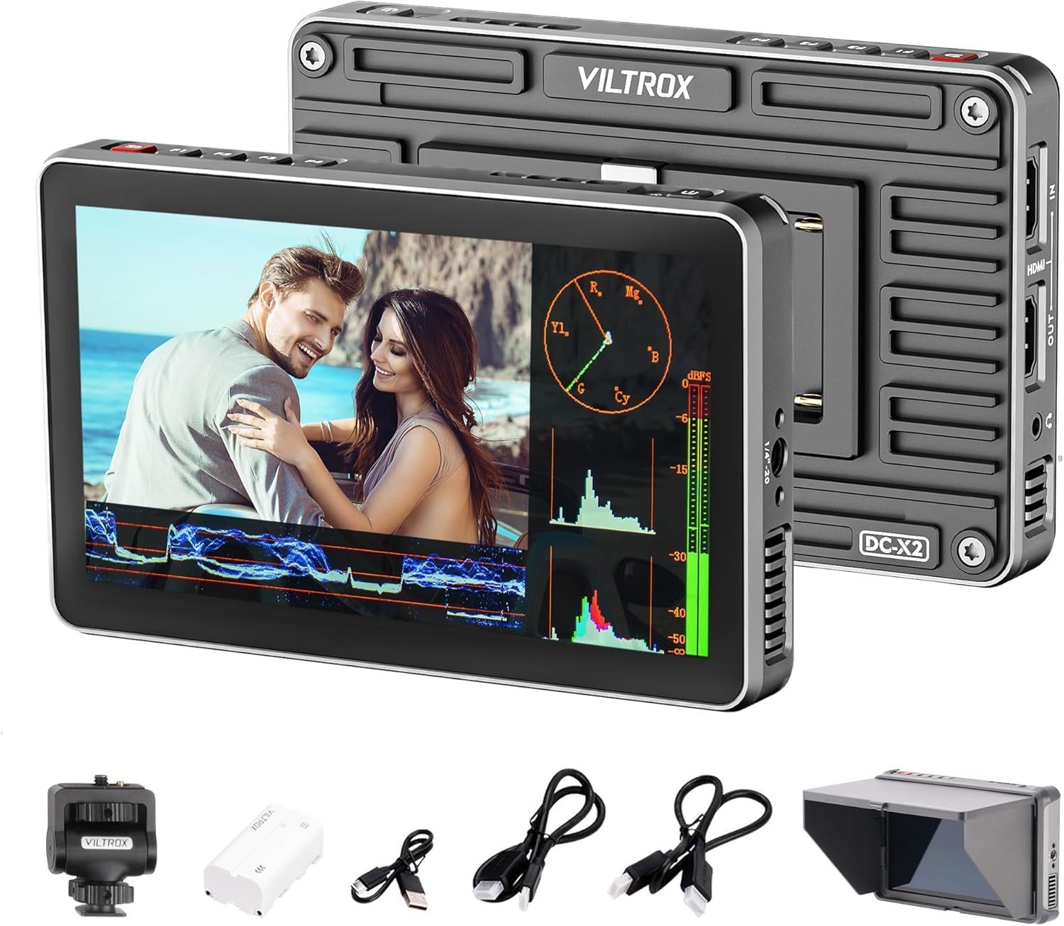 VILTROX DC-X2 高輝度2000nits カメラ フィールドモニター 6インチ タッチ式 外部モニター カメラ 4K HDMI フル HD 1920x1080 カメラモニター 3D LUT RGB波形 サンシェードフードとバッテリー e7a490f4