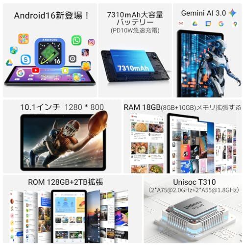 【Android 16タブレット セット登場 wi-fiモデル 】アップグレードAndroid16版 タブレット 10インチ キーボード付き 18GB+128GB+2TB拡張、Gemini 2.0 AI、6000mAh Type-C充電 12 6a4a38fc