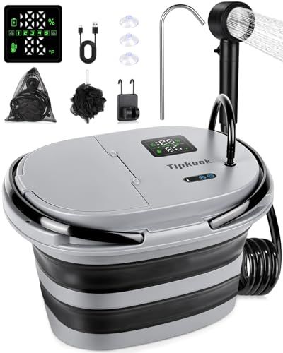 【新品】ポータブルシャワー【13000mAh & 一体型】Tipkook 電動シャワー 20L折り畳み式バケツ型アウトドアシャワーポンプ USB充電式 5段階のスピード調整 デ ジタル画面 水流量無段階調節 収納袋付き アウトドア 簡易シャワー キャンプ 屋内