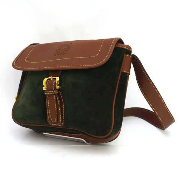 LOEWE / ロエベ ◆アナグラム スエード ショルダーバッグ ブラウン グリーン 【バッグ/バック/BAG/鞄/カバン】 ブランド【中古】
