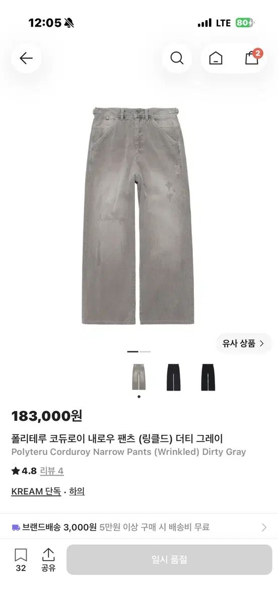 (4) ポリテル コーデュロイ ナロー パンツ ダーティー グレー 出品