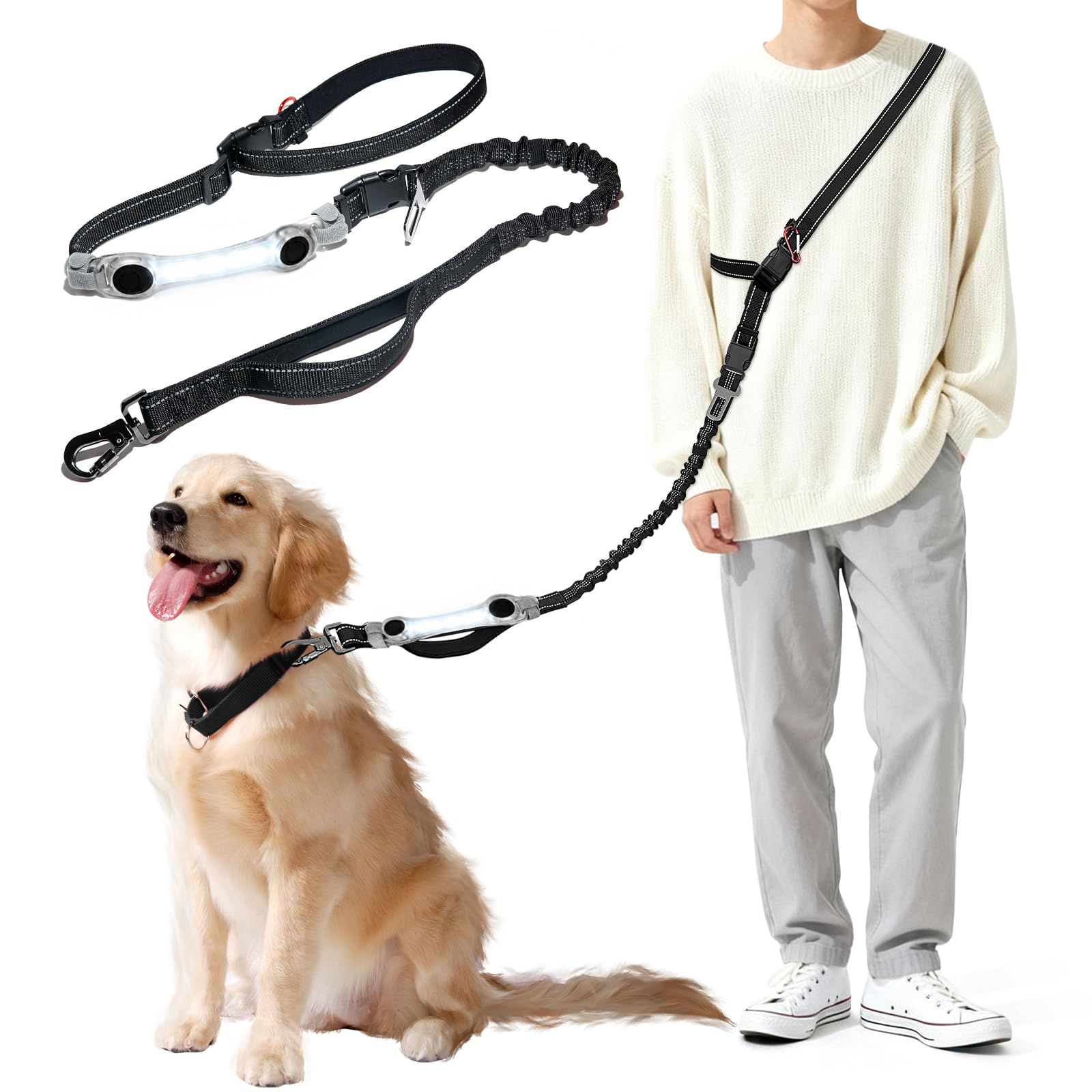 【nagasawa moko】光る犬用リード LED発光 ライト付き USB充電式 6WAY 多機能 長さ調節可能 高耐久 衝撃吸収 反射ステッチ 夜間使用 夜道対策 夜間視認性アップ 長時間点灯 点滅モード シートベルト固定対応 車内用 ドライブ用 飛*vj