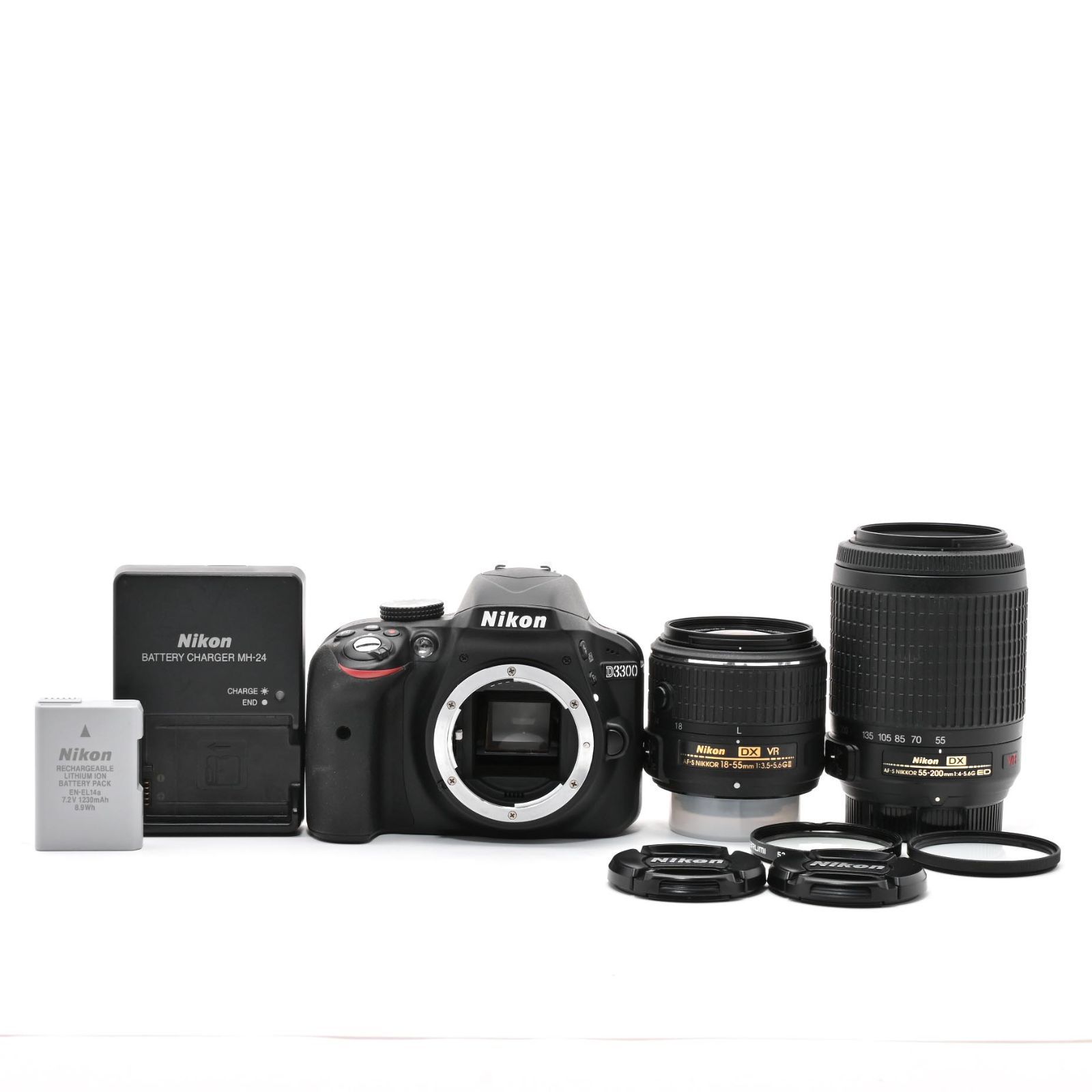【良品・ショット数 2,374回、レンズフィルター付き（1つはヘコみあり）】 NIKON D3300 ダブルズームキット ブラック D3300WZBK