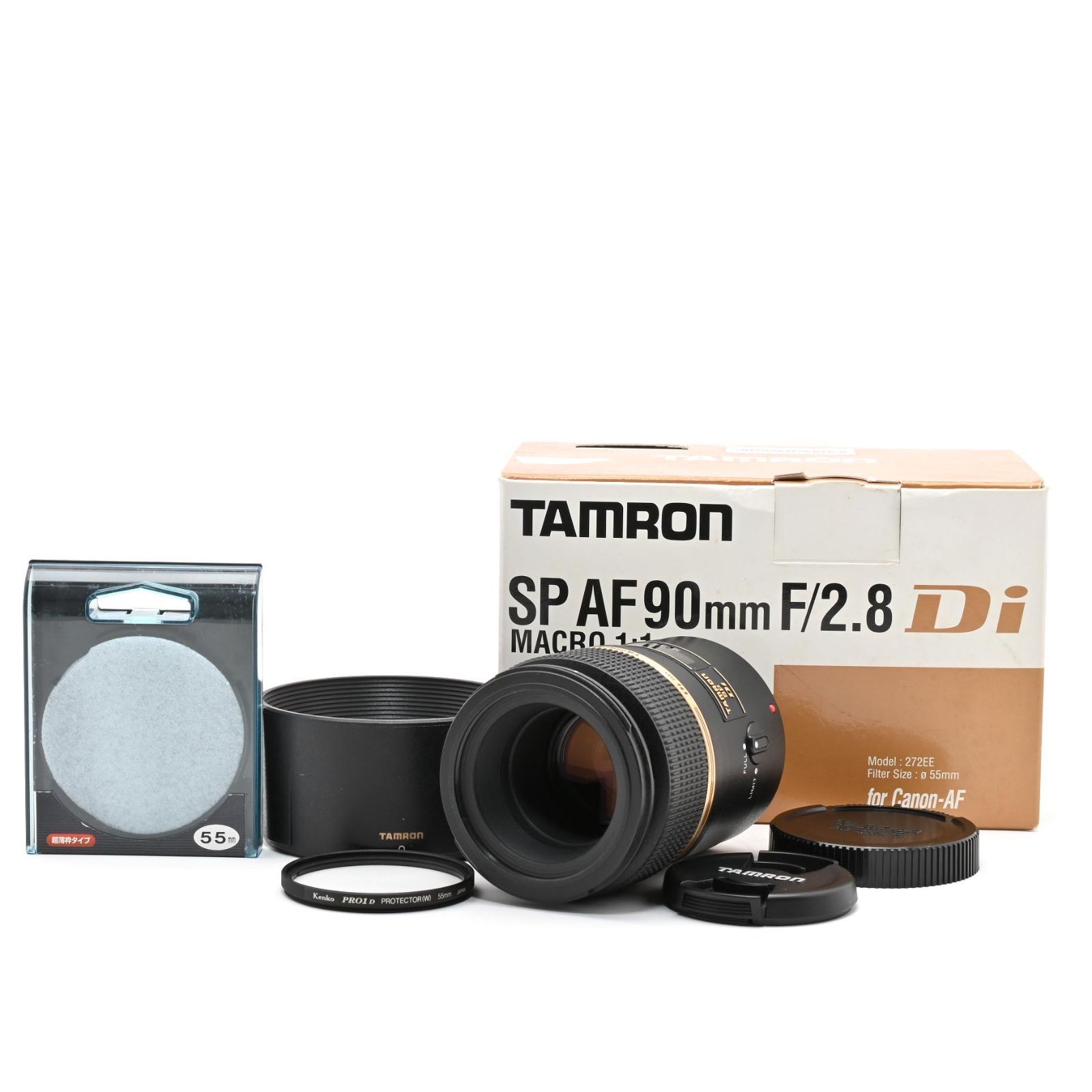【美品・箱付き(バーコード切り抜きあり)、レンズフード付き、レンズフィルター付き】 TAMRON SP AF90mm F2.8 Di MACRO 1:1 キヤノン用 272EE