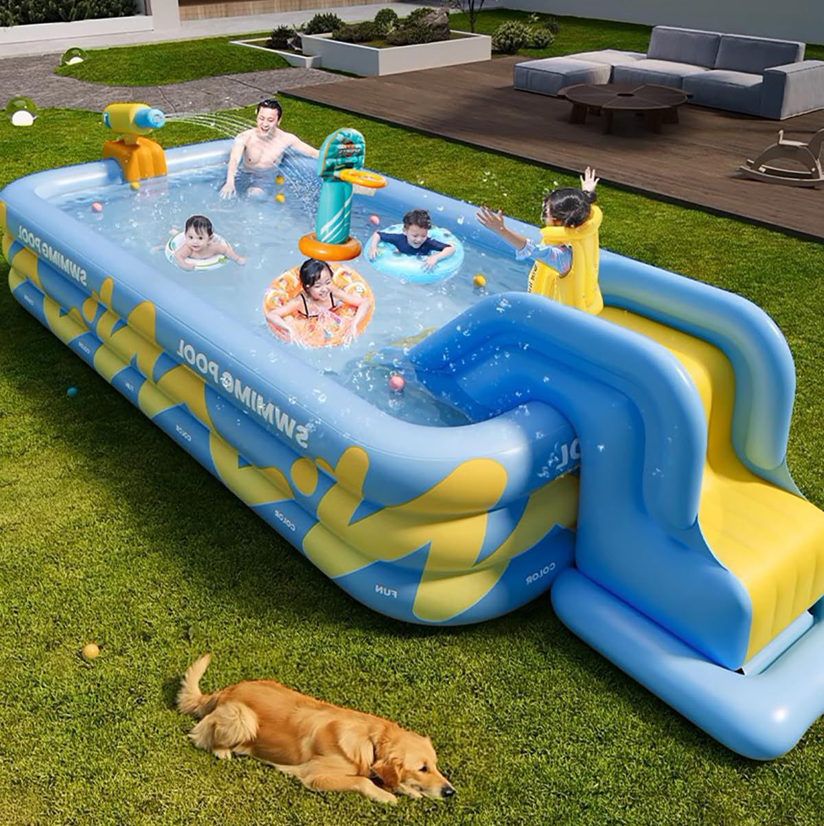 CenxnuHa 大型プール 家庭用 子供用 滑り台付 305×180×60CM ブルー PVC 水遊び 猛暑対策 屋外 庭 ベランダ 長方形 収納便利 バスケ【ブルー滑り台・水鉄砲・バスケット付き】