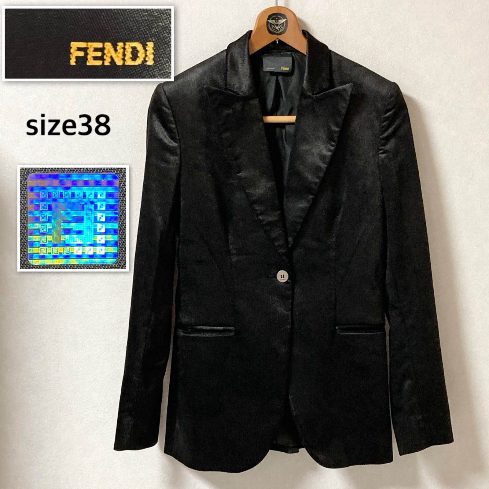 【訳あり】FENDI フェンディ レザーテーラードジャケット 本革 ブラック □美品□FENDI フェンディ シングルテーラードジャケット ベロア調