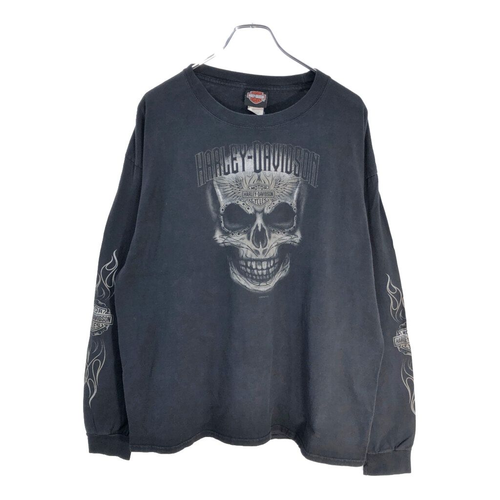 HARLEY DAVIDSON ハーレーダビッドソン スカル ガイコツ ドクロ 長袖Ｔシャツ モーターサイクル Y2K ブラック(メンズ XL)中古 古着 V7835