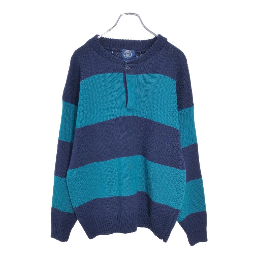 90年代 GAP ギャップ ヘンリーネック ウールニット セーター ファットボーダー ネイビー(メンズ M)中古 古着 V7936