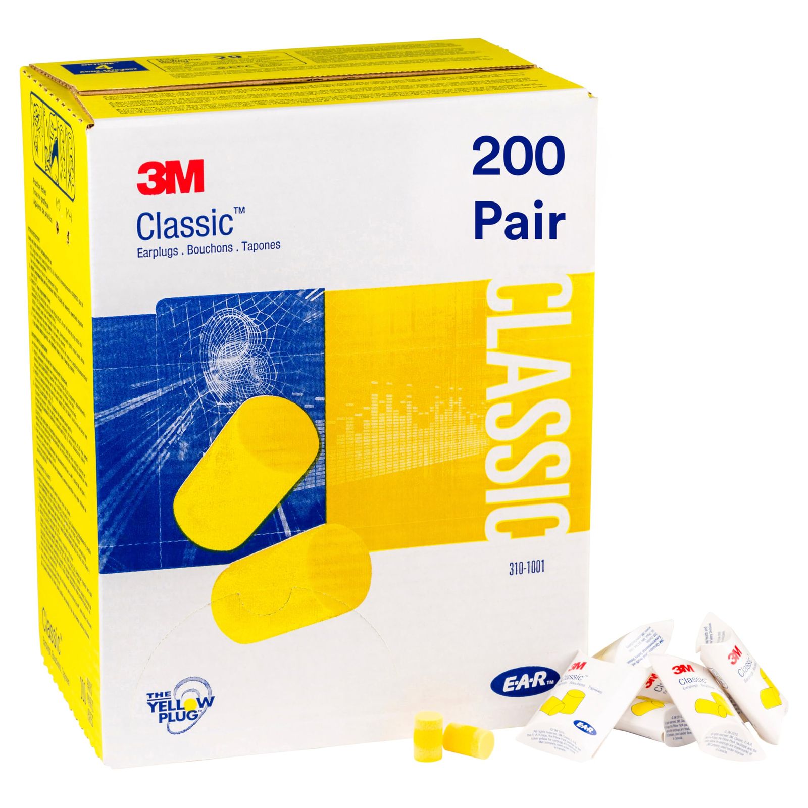 新品 3M 3101001 Classic Ear Plugs Pillow Paks Uncorded PVC Foam Yellow 200 Pairs/Box