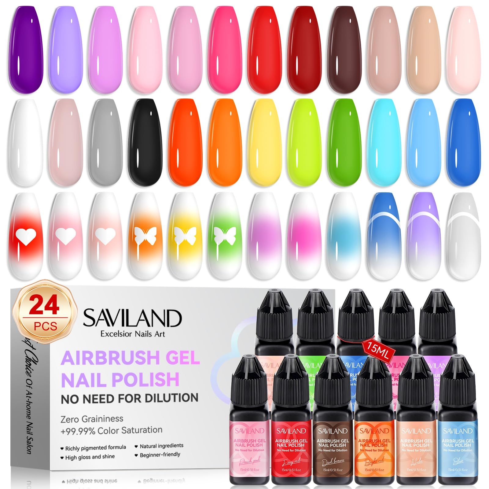 新品 SAVILAND 24色エアブラシジェルネイルポリッシュ - エアブラシと併用してグラデーションネイル、ブラッシュネイル、レイヤードネイルアート、希釈せずにさまざまなパターンのネイルアート、高彩度、ホームサロン用