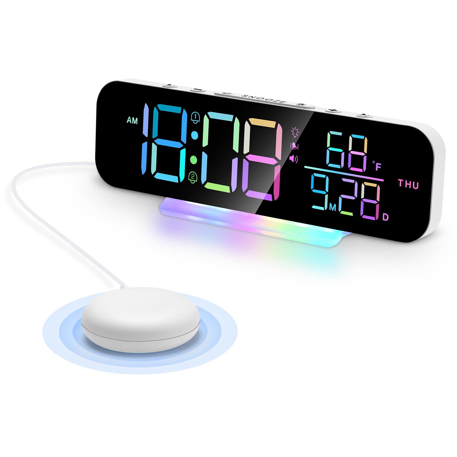 振動式 目覚まし時計 3つアラームモード壁掛け時計 RGB 大音量 置き時計 掛け時計 高齢者/視覚聴覚障害者に向け 輝度調整 温度表示 時間設定記憶 多機能 USB スヌーズモード アラームクロック（ホワイト） 国内発送 f019f239