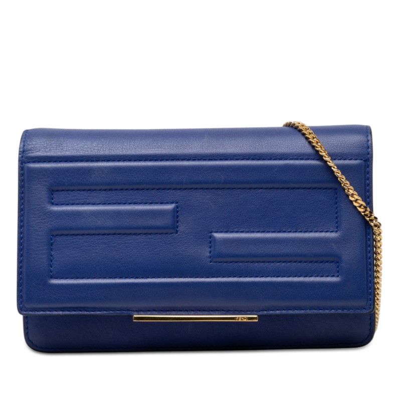 フェンディ FFロゴ 斜め掛け チェーン ウォレット ショルダーバッグ フラップ 8M0346 ブルー レザー レディース FENDI【1-0273776】