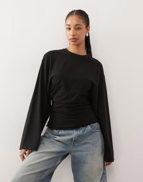 ウィークデイ レディース トップス Tシャツ ウエストマーク シャツ Weekday cinched waist long sleeve Tshirt Black ブラック 12,145円