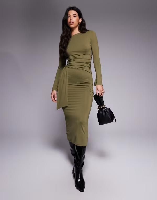 エイソス レディース トップス ワンピース ラップウエスト ミディワンピース ミディ ASOS DESIGN long sleeve wrap waist detail midi dress Burg