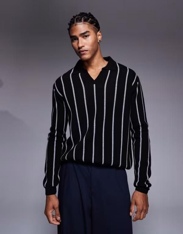エイソス メンズ トップス ポロシャツ ニット ASOS DESIGN relaxed knit striped notch neck polo shirt Black ブラック