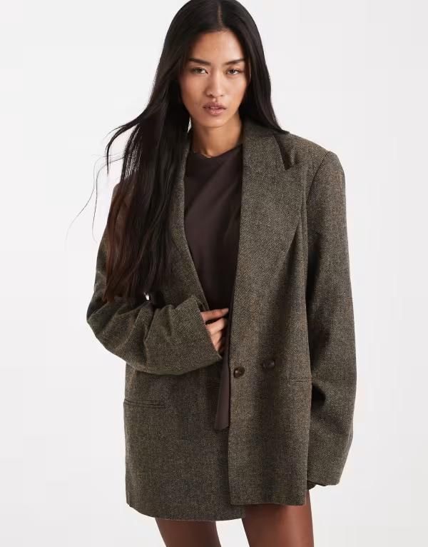 エイソス レディース アウター ジャケット・ブルゾン ウール ブレザー ASOS DESIGN wool blend multiway blazer brushed herringbone Brown