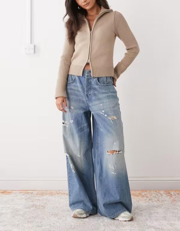 コルージョン レディース ボトムス デニムパンツ ローライズ ジーンズ COLLUSION XL baggy adjustable low rise jeans in worn wash Bleach