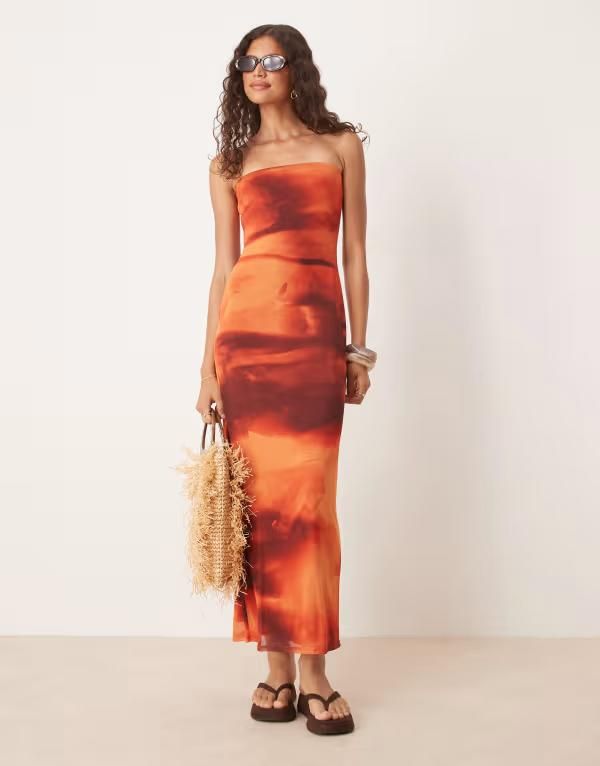 エイソス レディース トップス ワンピース マキシワンピース プリント マキシ ASOS DESIGN bandeau maxi dress in orange smudge print Multi