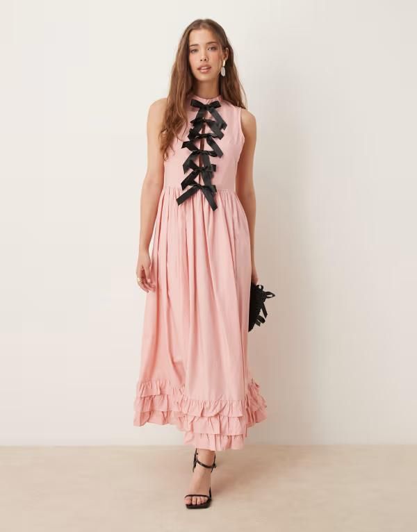 シスタージュン レディース トップス ワンピース フリル コントラスト Sister Jane contrast bow ruffle midaxi dress pink ピンク
