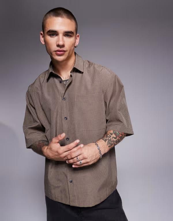エイソス メンズ トップス シャツ ASOS DESIGN oversized shirt plaid BROWN ブラウン