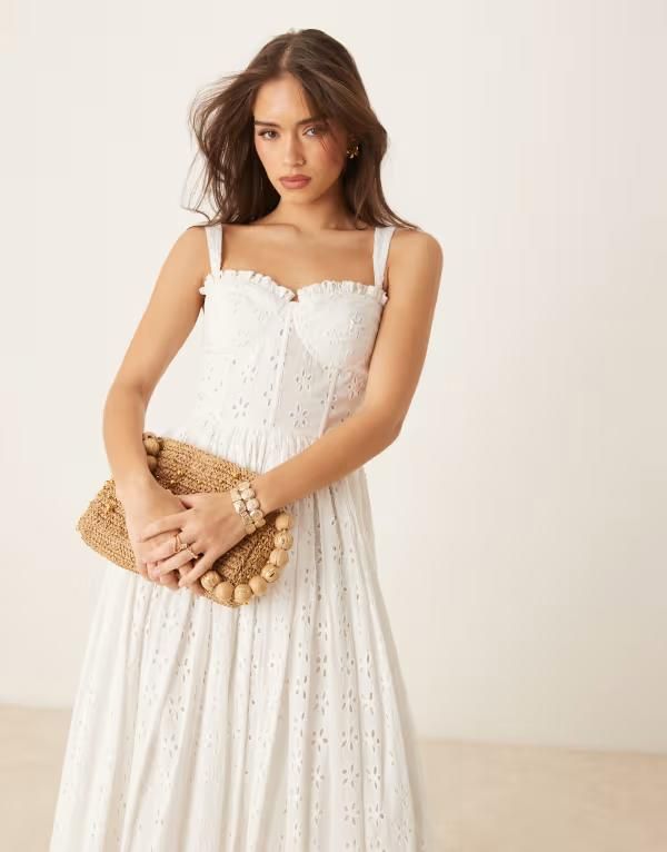 レース アンド ビーズ レディース トップス ワンピース コットン Lace Beads broderie cotton corset midaxi dress White ホワイト