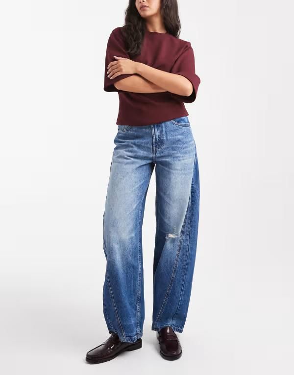 エイソス レディース ボトムス デニムパンツ ジーンズ ASOS DESIGN barrel leg jeans with paneling and cinching in midwash with