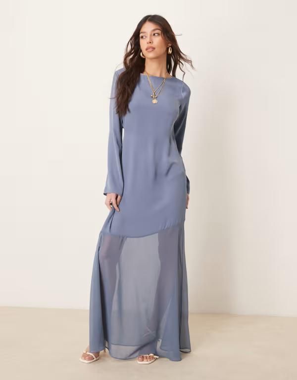 エイソス レディース トップス ワンピース シフォン サテン マキシ ASOS DESIGN long sleeve satin chiffon maxi dress BLUE ブルー