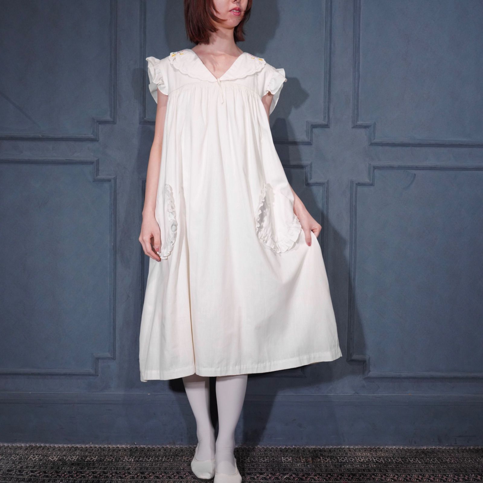 70’s USA VINTAGE JC Penney Fashions EMBROIDERY BIG COLLAR DESIGN COTTON ONE PIECE/70年代アメリカ古着刺繍お花デザインコットンワンピース