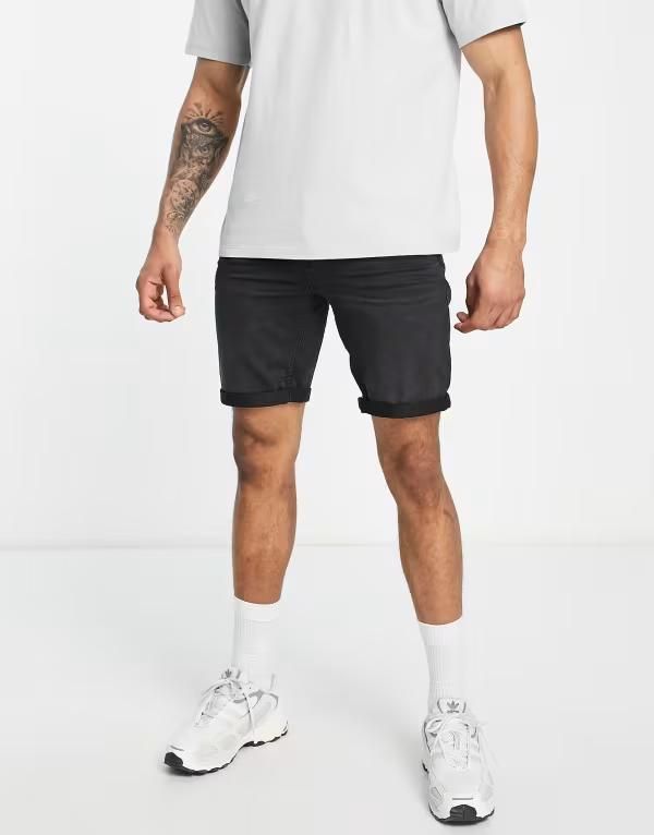 オンリーアンドサンズ メンズ ボトムス デニムパンツ ショートパンツ デニム Only Sons denim jog shorts in washed Black Denim ブラック