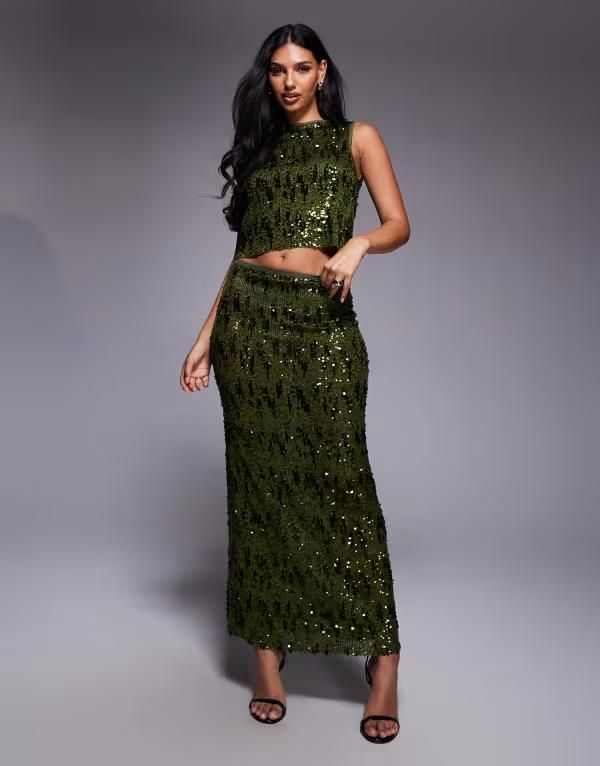 エイソス レディース ボトムスカート メッシュ スパンコール マキシ ASOS DESIGN sequined mesh maxi skirt part of a set Green グリーン