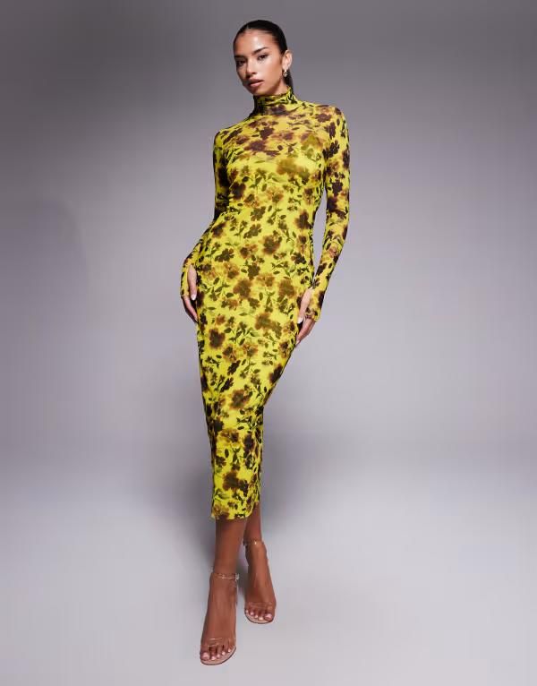 エーエフアールエム レディース トップス ワンピース タートルネック フラワー柄 メッシュ フラワー AFRMesh turtle neck long sleeve midaxi dress in l