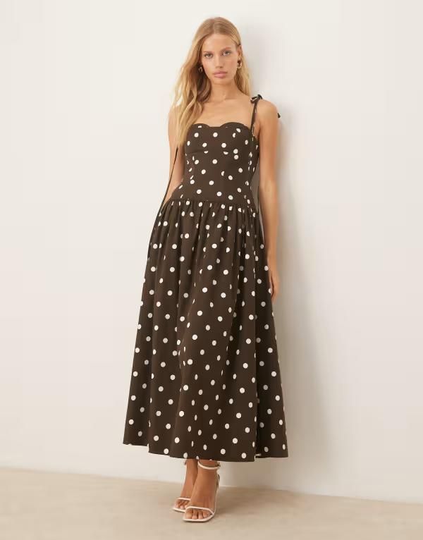 エイソス レディース トップス ワンピース プリント ミディ ASOS DESIGN structured tie strap dropped waist midi dresspot print Br