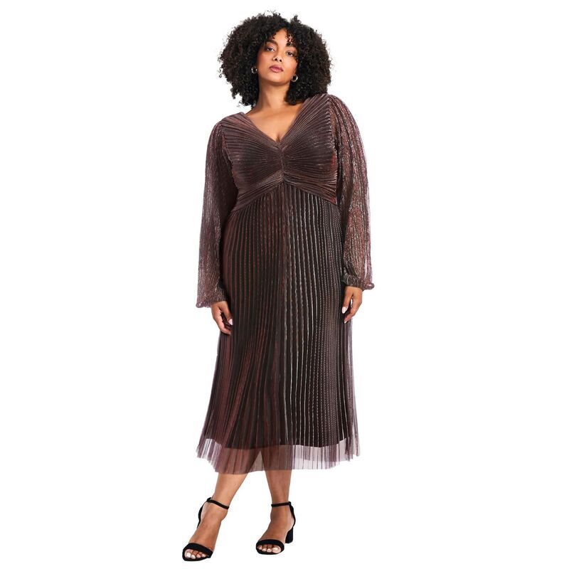 アベニュー レディース トップス ワンピース プラスサイズ プリーツ Avenue Womens Plusize Pleated Plisse Blouson Sleeve Dress Berry
