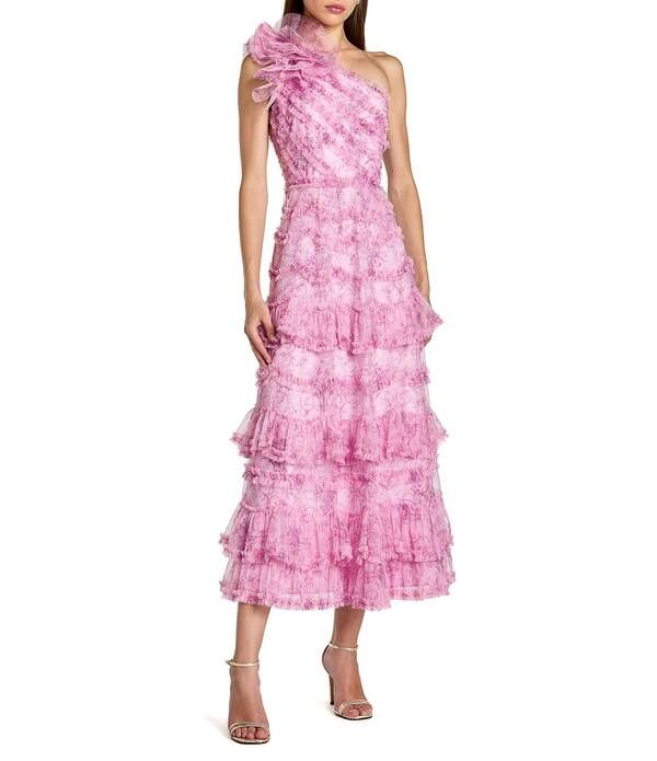マックダガル レディース トップス ワンピース A ライン プリント フリル メッシュ ミディ Mac Duggal Printed Mesh One Shoulderuffle ALine Midi
