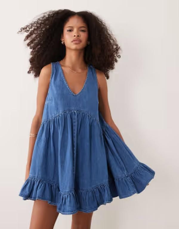 エイソス レディース トップス ワンピース Vネック ティアード デニム ASOS DESIGN vneck tieredenim smock dress in light mid LIGHT MID