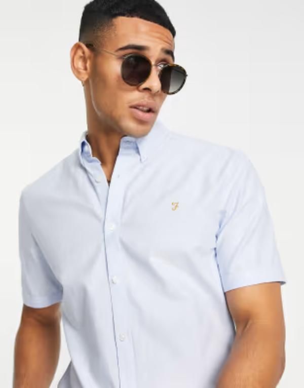 ファーラー メンズ トップス シャツ スリムフィット Farah Brewer slim fit short sleeve shirt Blue ブルー