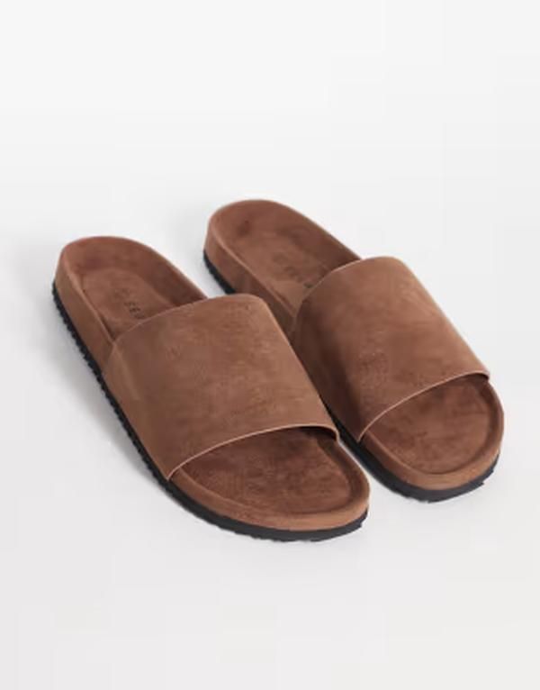 セクウェル メンズ シューズ サンダル スエード SEQWL Marina slides in chocolate faux suede Choc suede チョコレート